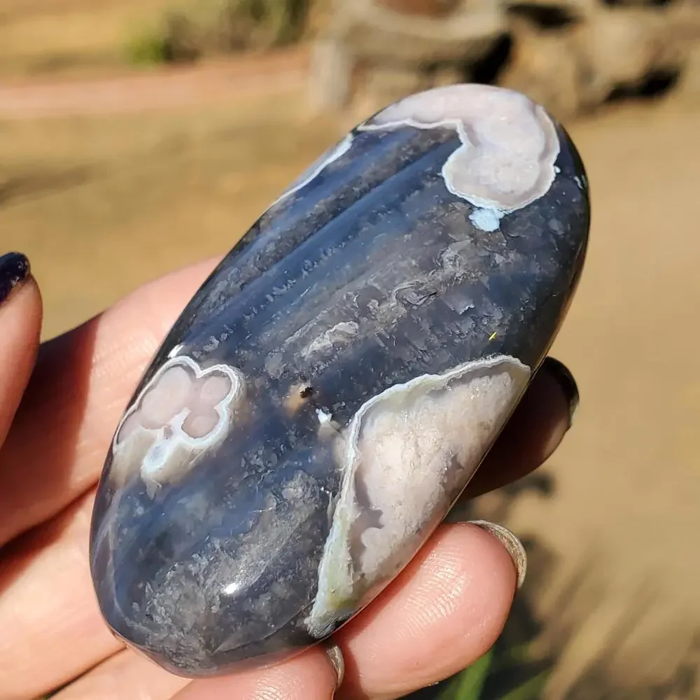 Blue Flower Blossom Agate Translucent Palmstone Crystal 68 grams